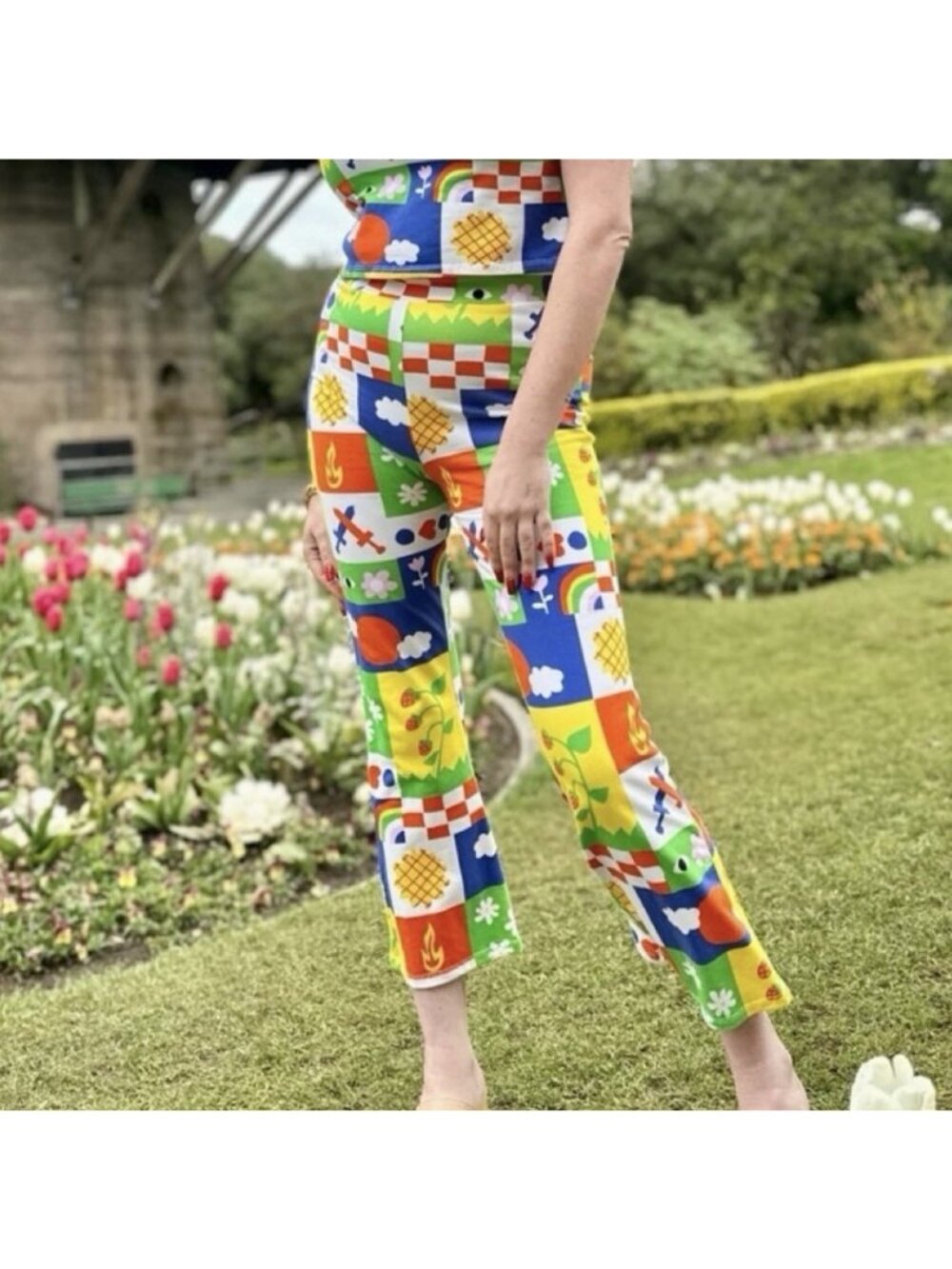 Nooworks Colorful Pull-On Flare Ankle Pants Gentilhomme Pattern Women’s Size XS